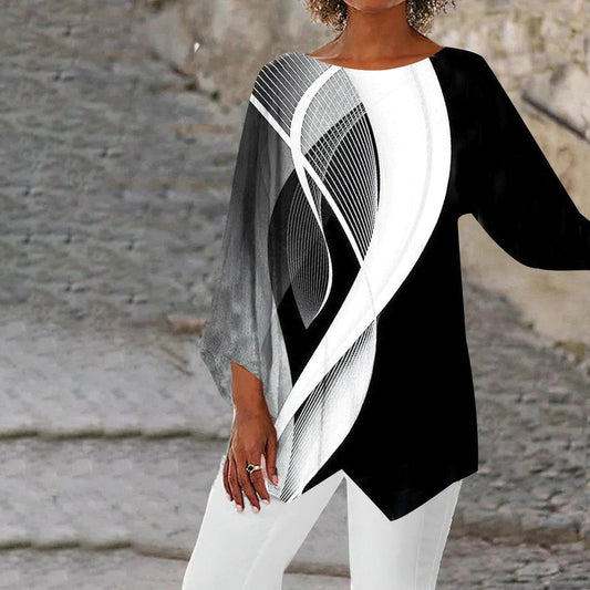 Damen Tunika Oberteil – Relaxed Fit – Langarm – Geometrisches Muster – Asymmetrischer Saum – Atmungsaktive Qualität