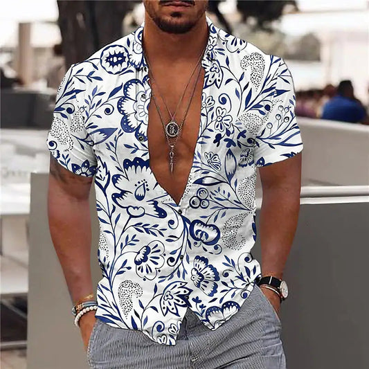 Herren Kurzarmhemd – Slim Fit – Atmungsaktive Mischung – V-Ausschnitt – Florales Muster
