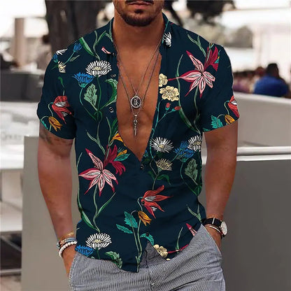 Herren Kurzarmhemd – Slim Fit – Atmungsaktive Mischung – V-Ausschnitt – Florales Muster