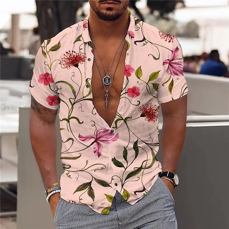 Herren Kurzarmhemd – Slim Fit – Atmungsaktive Mischung – V-Ausschnitt – Florales Muster