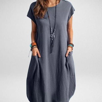 Damen Maxikleid – Relaxed Fit – Atmungsaktives Material – Kurzarm mit Taschen