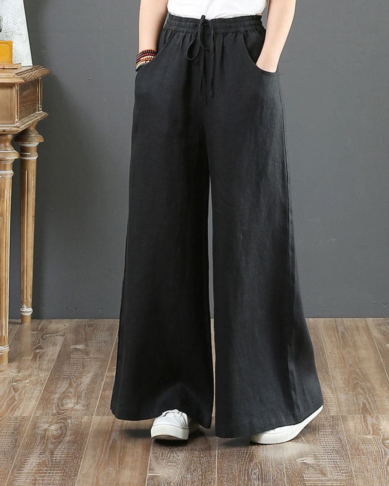 Damen Weite Hose – Luftiges Gewebe – Elastischer Bund – Langer Lockerer Schnitt