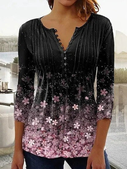 Damen Bluse – Lockerer Schnitt – V-Ausschnitt mit Zierknöpfen – 3/4-Ärmel – Blumenmuster – Atmungsaktives Gewebe