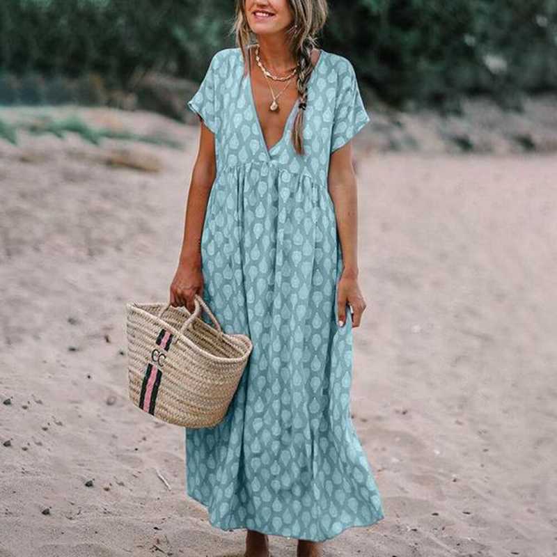 Damen Maxikleid – Lockerer Schnitt – V-Ausschnitt – Kurzarm – Natürliche Fasern