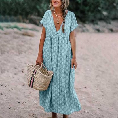 Damen Maxikleid – Lockerer Schnitt – V-Ausschnitt – Kurzarm – Natürliche Fasern