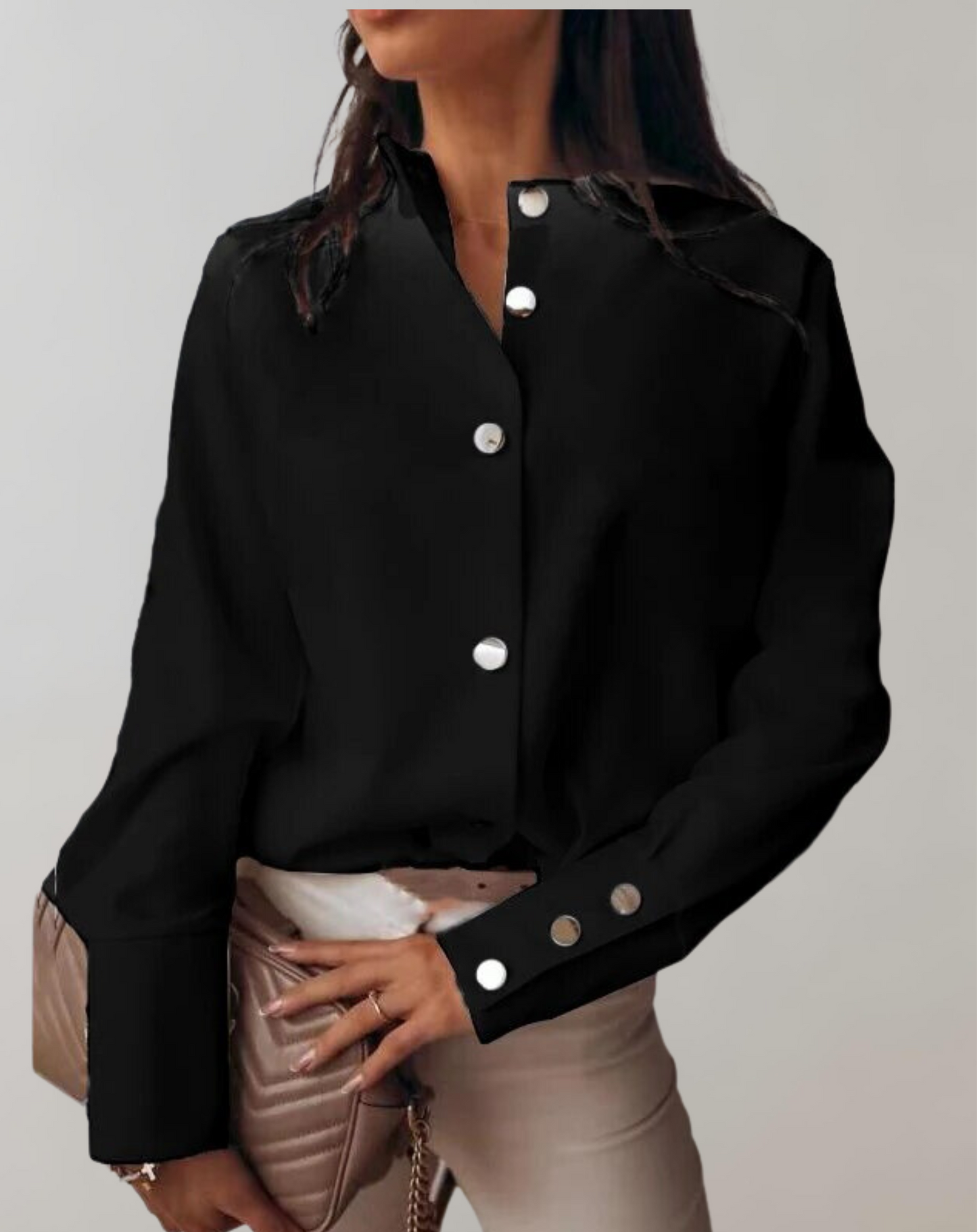 Damen Bluse – Relaxed Fit – Stehkragen – Knopfleiste – Atmungsaktives Gewebe – Langarm
