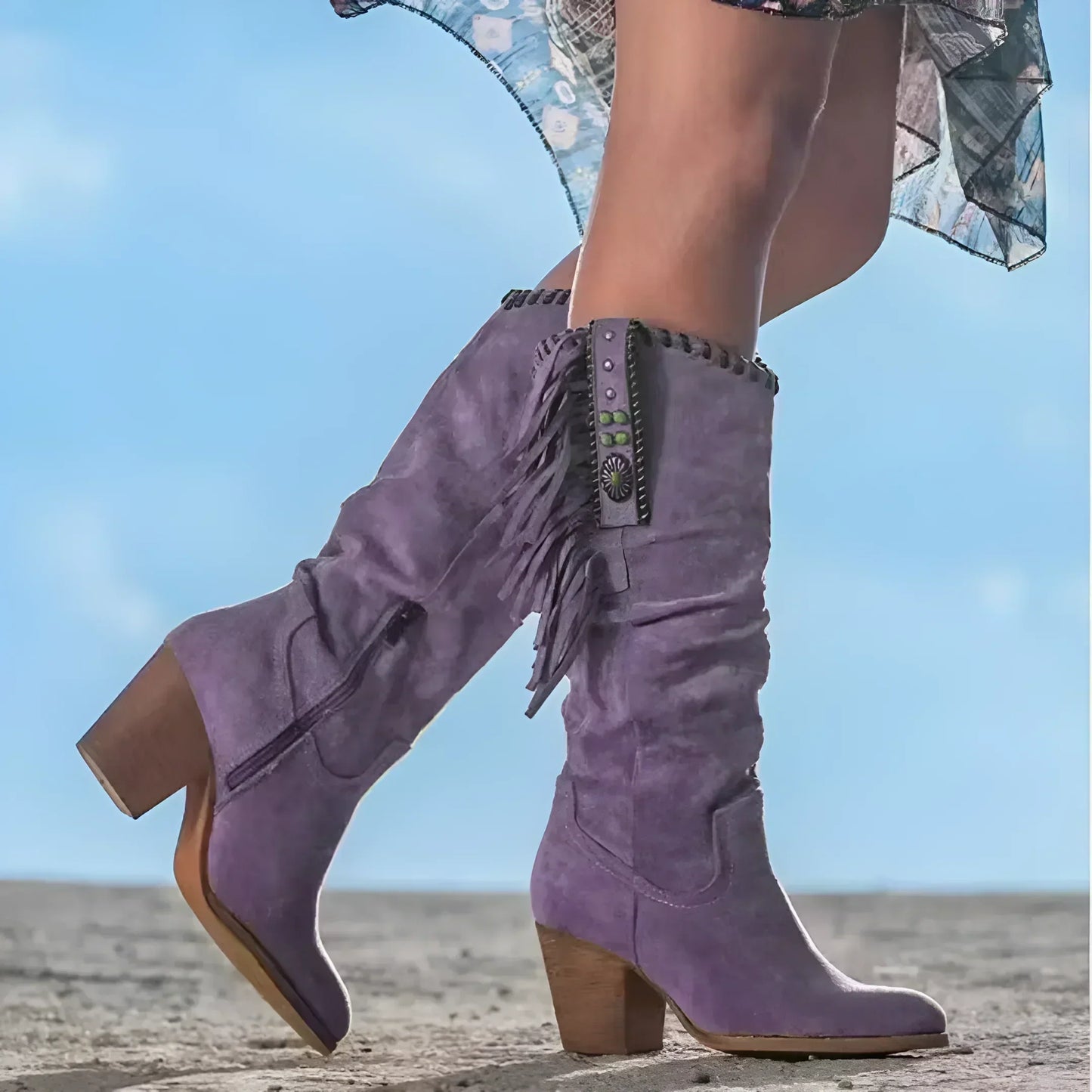 Damen Mid-Calf Stiefel – Luxury Fabric – Fransen – Blockabsatz – Boho Western Stil