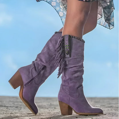 Damen Mid-Calf Stiefel – Luxury Fabric – Fransen – Blockabsatz – Boho Western Stil