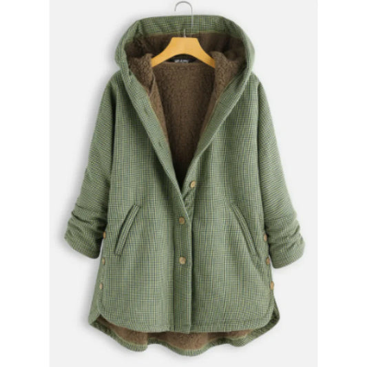 Damen Kapuzenjacke – Wollmix – Lockere Passform – Fleece Innenfutter – Knopfverschluss