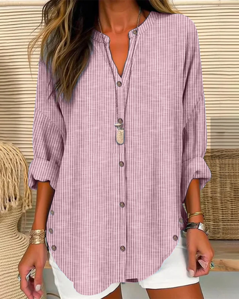 Damen Bluse – Relaxed Fit – Gestreift – V-Ausschnitt mit Knopfleiste – Atmungsaktive Qualität