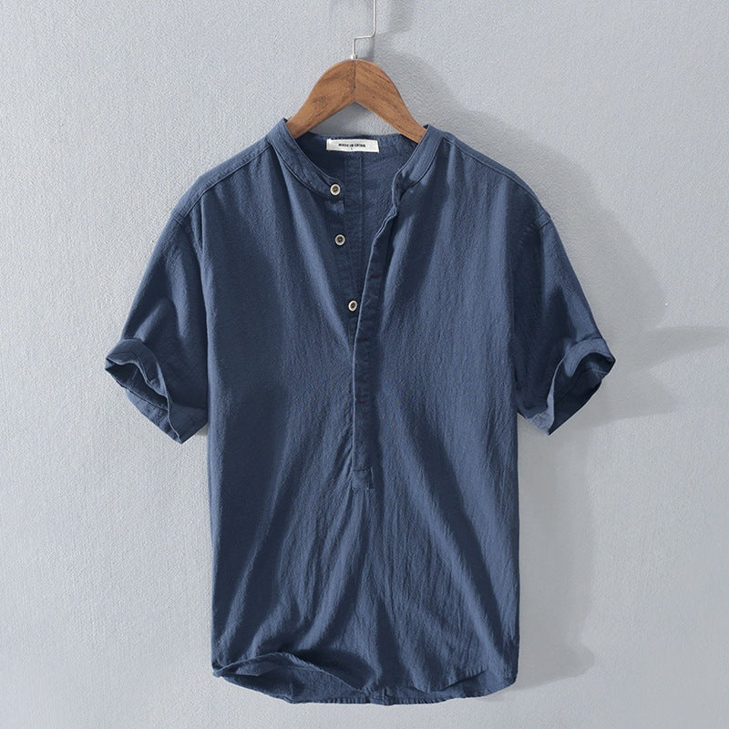 Herren Kurzarmhemd – Relaxed Fit – Mandarin Kragen – Atmungsaktive Naturfasern