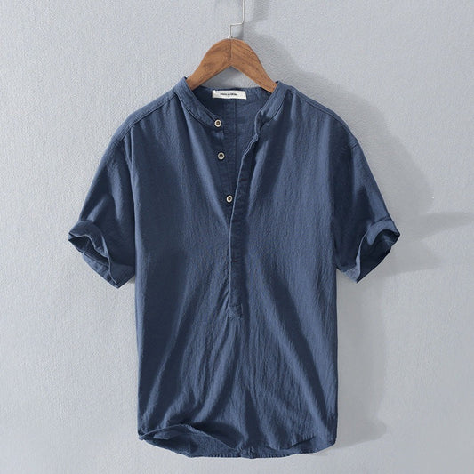 Herren Kurzarmhemd – Relaxed Fit – Mandarin Kragen – Atmungsaktive Naturfasern
