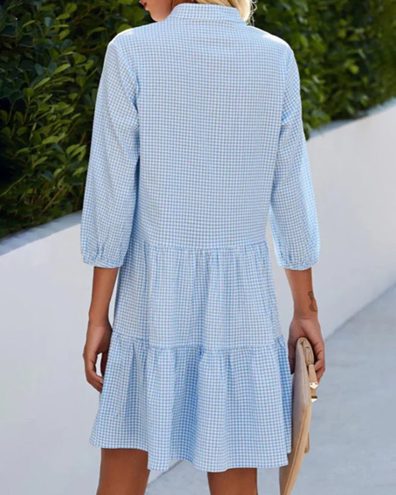 Damen A-Linienkleid – Natürliche Fasern – Karomuster – 3/4-Arm – Stufenrock