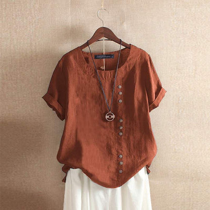 Damen Bluse – Lockerer Schnitt – Atmungsaktiver Stoff – Kurze Ärmel mit Umschlag – Asymmetrische Knopfleiste