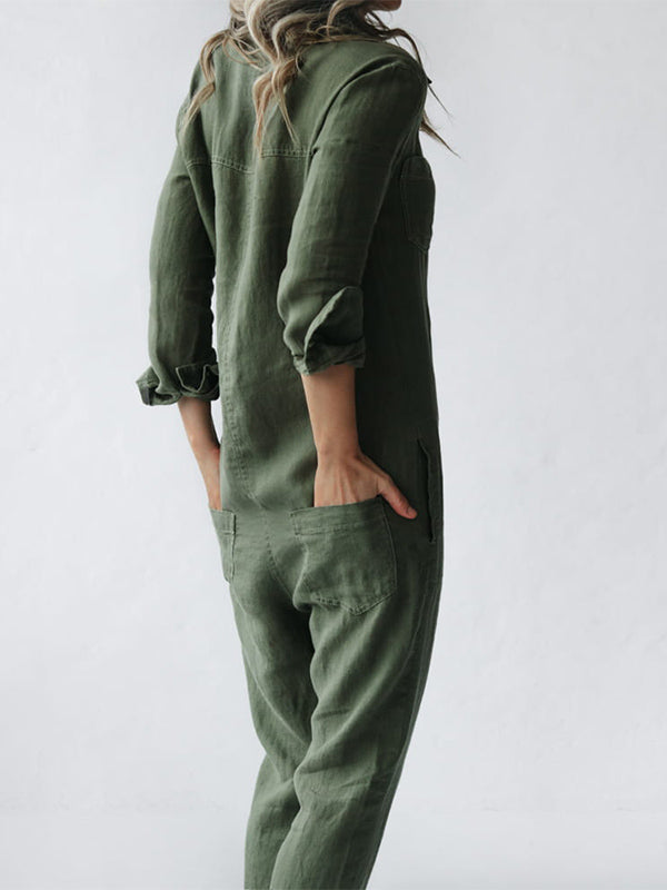 Damen Jumpsuit – Relaxed Fit – Gerade Beine – Atmungsaktive Naturfaser – Langarm mit Riegel – Knopfleiste – Hemdkragen