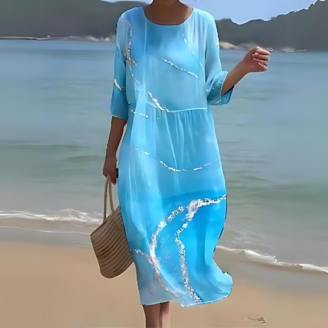 Damen Midi Kleid – Fließender Schnitt – Atmungsaktives Gewebe – Blumenmuster