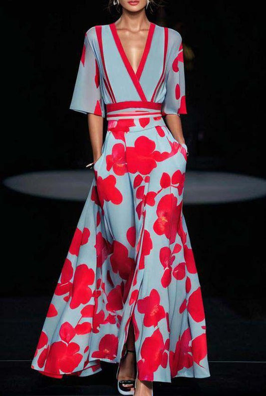 Damen Maxikleid – Tiefer V-Ausschnitt – Tailliert – Fließender Rock – Mit Taschen