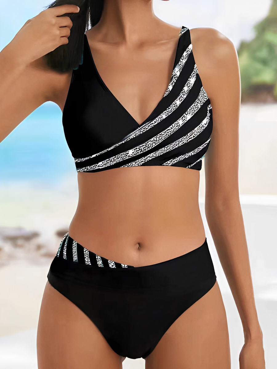 Damen Bikini Set – Asymmetrischer Schnitt – Atmungsaktiver Stretch – Streifen Design