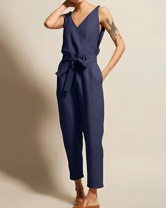 Damen Jumpsuit – Baumwollmix – Ärmellos – Lockerer Schnitt – Wickeloptik – Gürtelbund