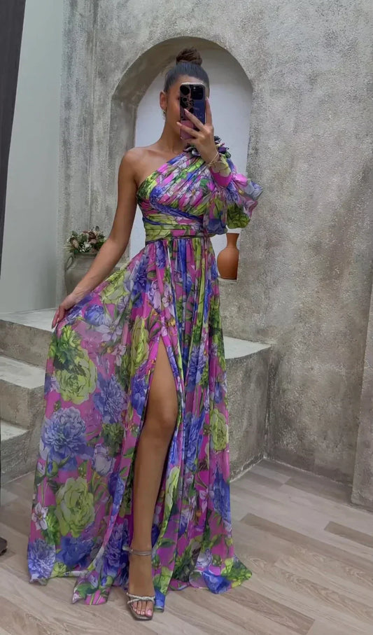 Damen Maxikleid – Elegante Passform – One-Shoulder – Hoher Schlitz – Blumenprint