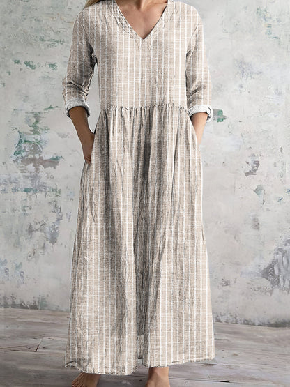 Damen Maxikleid – Naturfasern – Lockere Passform – V-Ausschnitt – Langarm – Gestreift