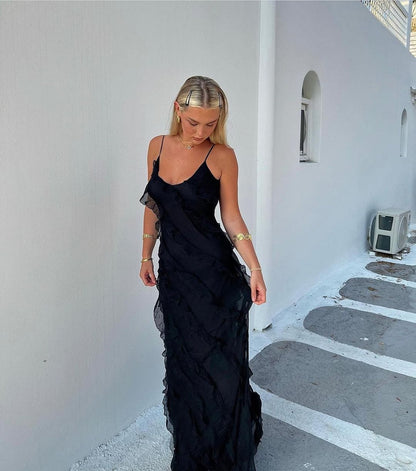 Damen Maxikleid – Schlanke Passform – Rüschen – Spaghettiträger – Eleganter Fall