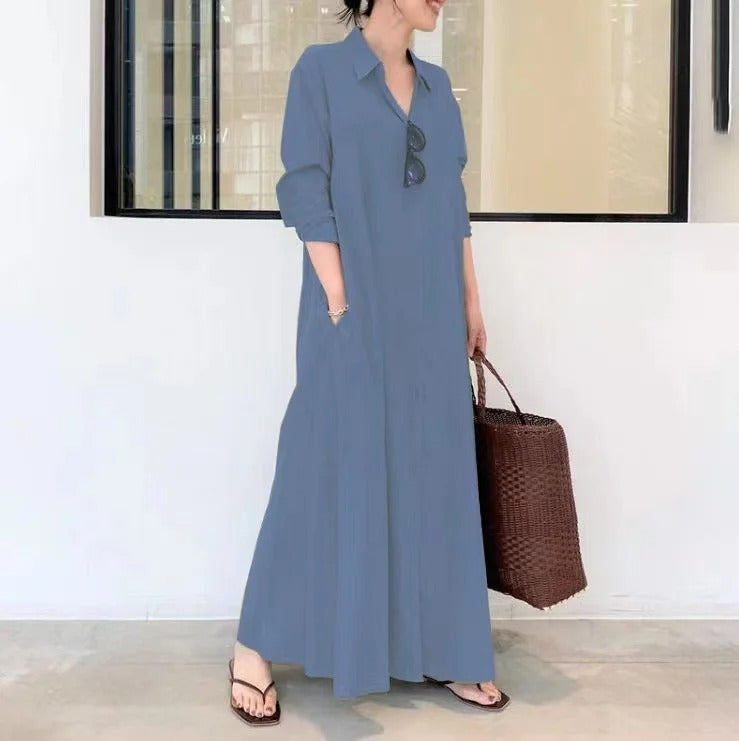 Damen Freizeitkleid – Lockere Passform – Knopfleiste – Mit Taschen – Atmungsaktiver Stoff