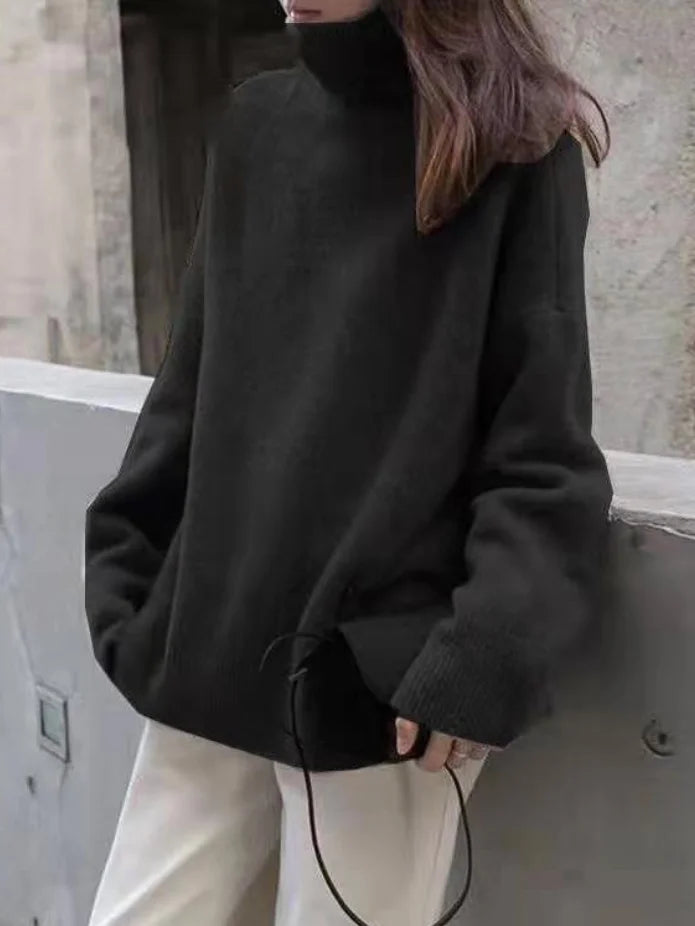 Damen Rollkragenpullover – Wollmischung – Lockerer Schnitt – Rippdetails – Hüftlang