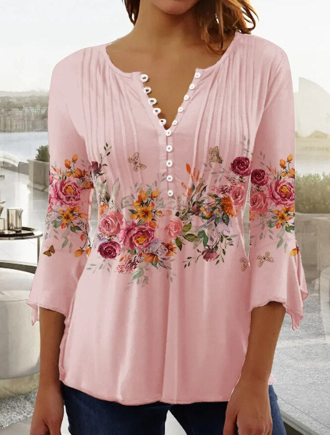 Damen Bluse – Lockerer Schnitt – V-Ausschnitt mit Zierknöpfen – 3/4-Ärmel – Blumenmuster – Atmungsaktives Gewebe