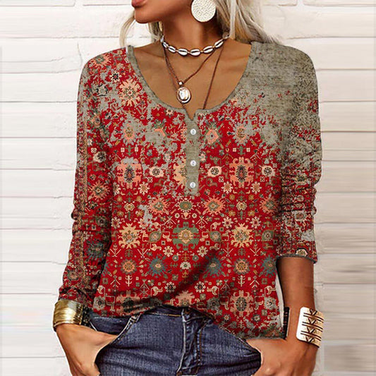 Damen Langarmshirt – Relaxed Fit – Soft Knit – Henley Ausschnitt – Boho Muster