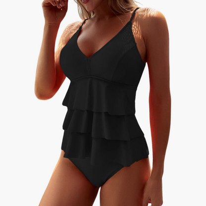 Damen Tankini Set – Tiered Rüschen Top – V-Ausschnitt – Verstellbare Träger – Figurfreundlich
