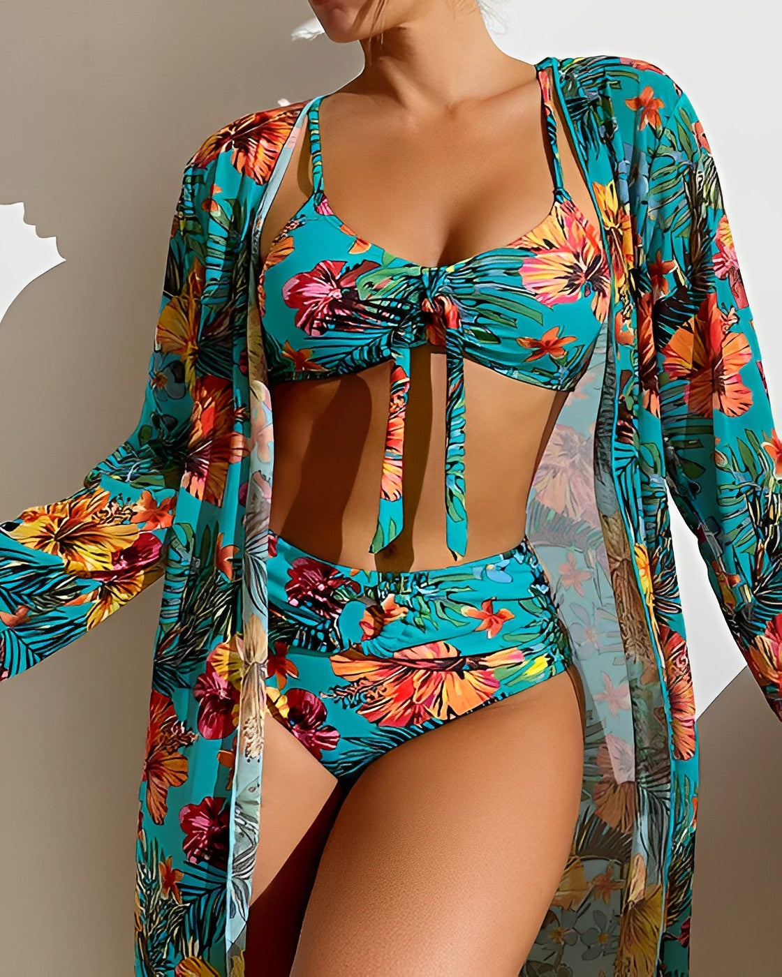 Damen Bikini Set – Tie-Front Top – High Waist – 3-teilig mit Transparenter Cover-Up