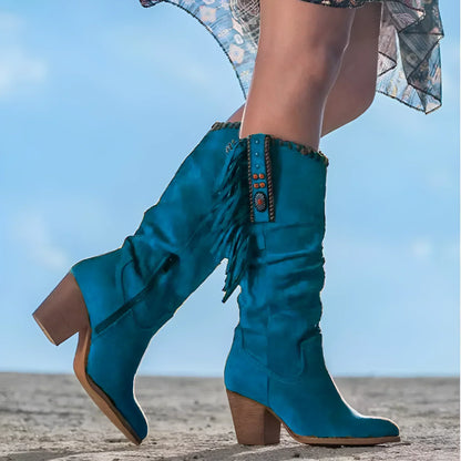 Damen Mid-Calf Stiefel – Luxury Fabric – Fransen – Blockabsatz – Boho Western Stil
