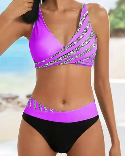 Damen Bikini Set – High Waist – Wickeloberteil – Atmungsaktives Stretchmaterial – Gestreift