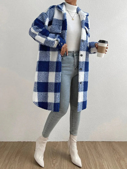 Damen Teddy Mantel – Oversized Fit – Karomuster – Mittellang mit Brusttaschen