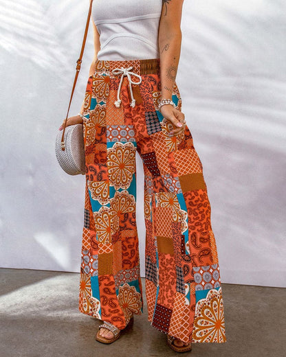 Damen Palazzo Hose – High Waist – Weites Bein – Boho Print – Verstellbarer Bund