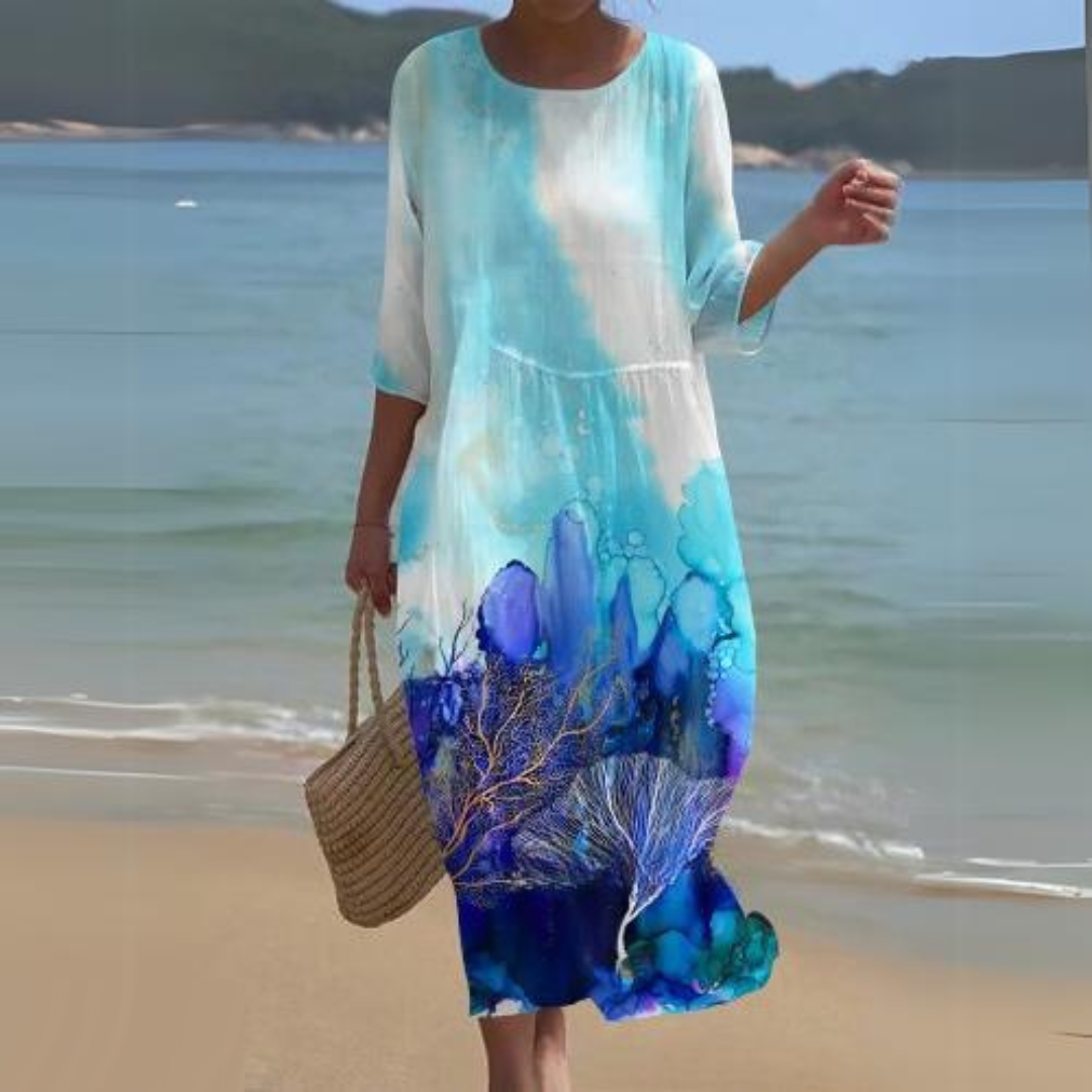 Damen Midi Kleid – Fließender Schnitt – Atmungsaktives Gewebe – Blumenmuster