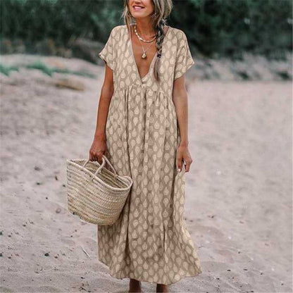 Damen Maxikleid – Lockerer Schnitt – V-Ausschnitt – Kurzarm – Natürliche Fasern