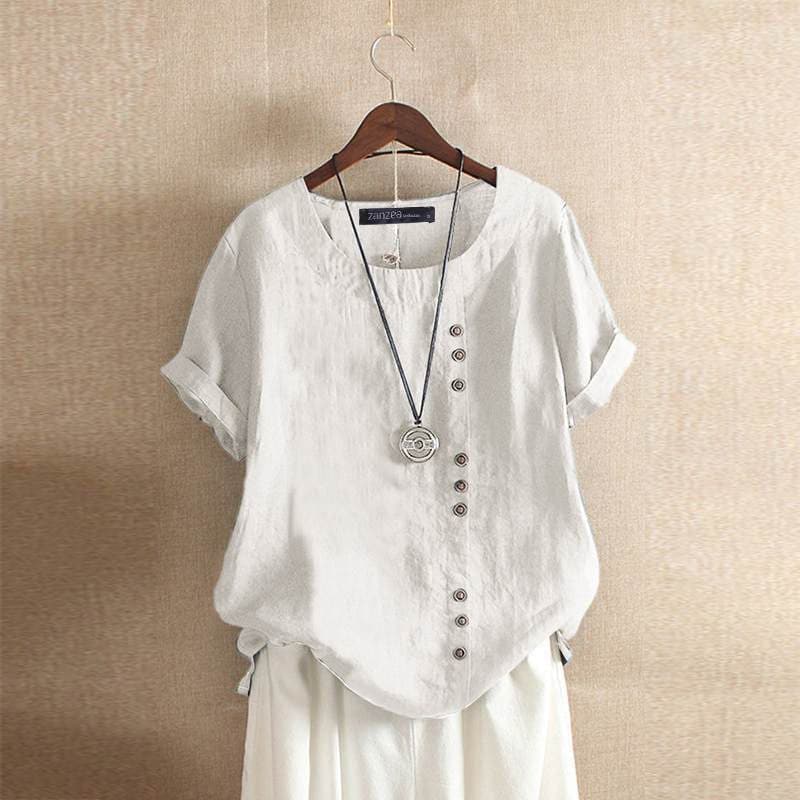 Damen Bluse – Lockerer Schnitt – Atmungsaktiver Stoff – Kurze Ärmel mit Umschlag – Asymmetrische Knopfleiste