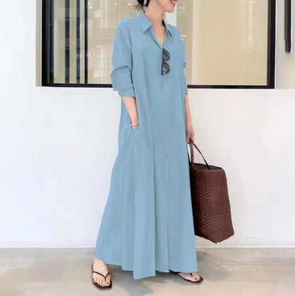 Damen Freizeitkleid – Lockere Passform – Knopfleiste – Mit Taschen – Atmungsaktiver Stoff