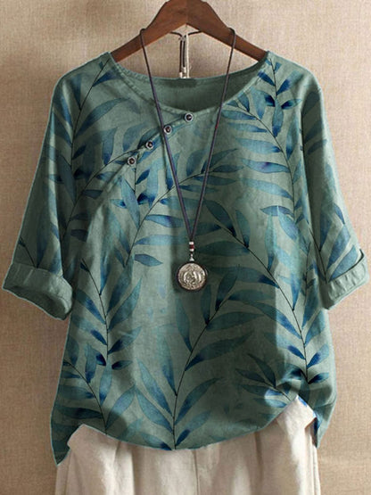 Damen Bluse – Lockerer Schnitt – 3/4 Arm – Atmungsaktives Material – Asymmetrischer Knopfabschluss