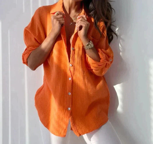 Damen Bluse – Natürliche Fasern – Lockerer Schnitt – Langarm Knopfverschluss