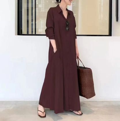 Damen Freizeitkleid – Lockere Passform – Knopfleiste – Mit Taschen – Atmungsaktiver Stoff