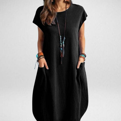 Damen Maxikleid – Relaxed Fit – Atmungsaktives Material – Kurzarm mit Taschen
