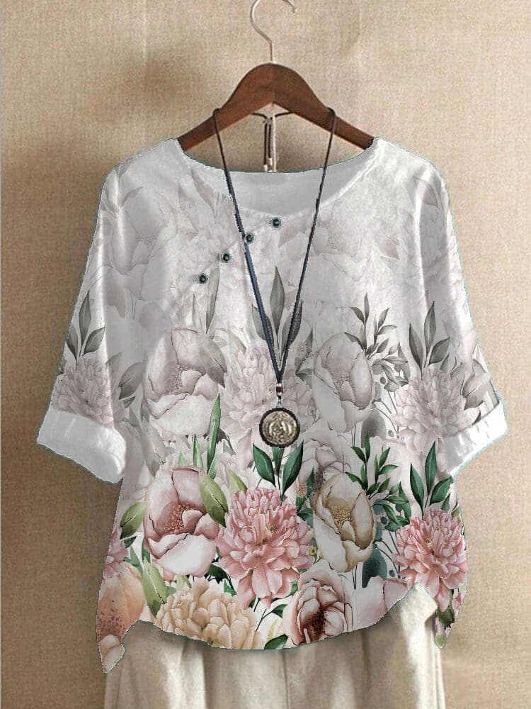 Damen Bluse – Lockerer Schnitt – Rundhals – Halbarm – Floral – Atmungsaktives Material