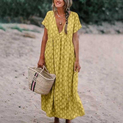 Damen Maxikleid – Lockerer Schnitt – V-Ausschnitt – Kurzarm – Natürliche Fasern