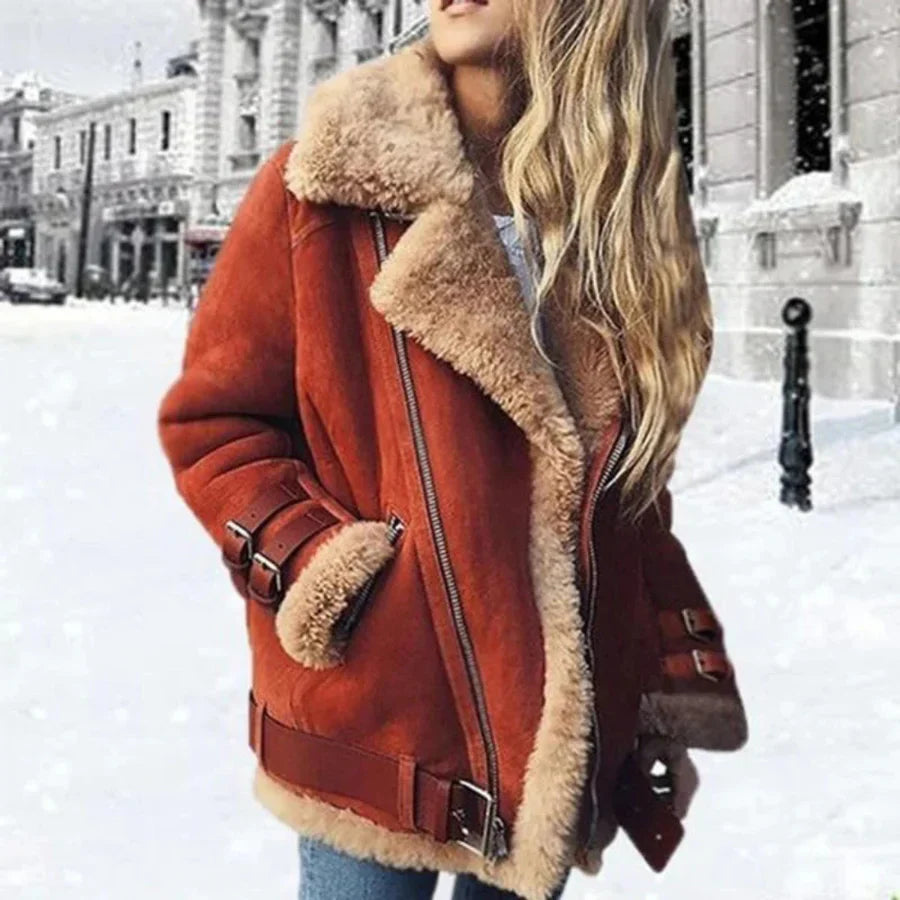 Damen Oversize Jacke – Wildleder-Optik – Sherpa-Innenfutter – Asymmetrischer Reißverschluss – Gürtel-Details