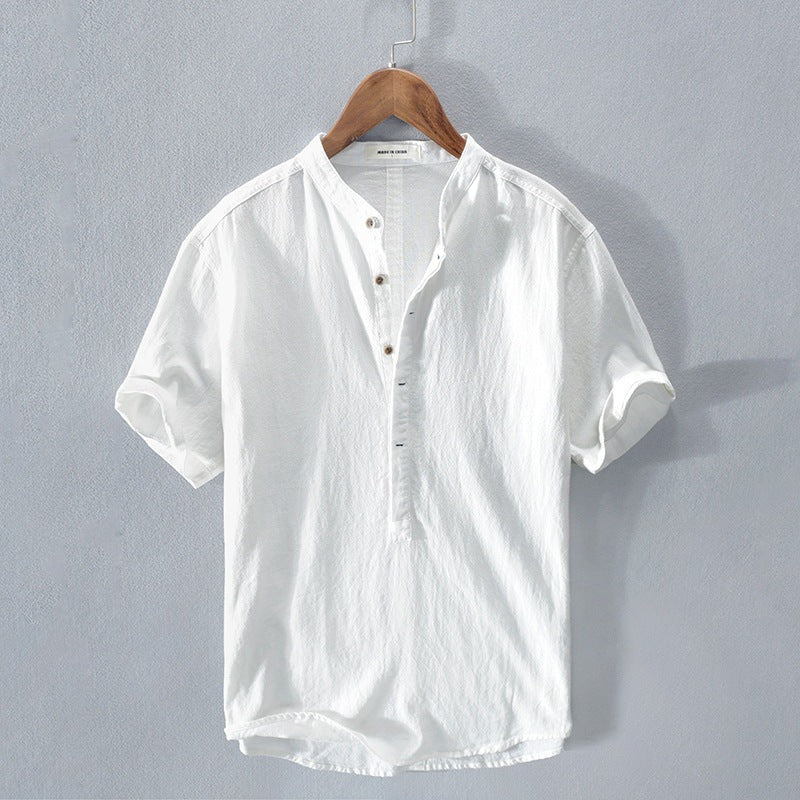 Herren Kurzarmhemd – Relaxed Fit – Mandarin Kragen – Atmungsaktive Naturfasern