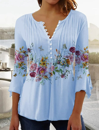 Damen Bluse – Lockerer Schnitt – V-Ausschnitt mit Zierknöpfen – 3/4-Ärmel – Blumenmuster – Atmungsaktives Gewebe