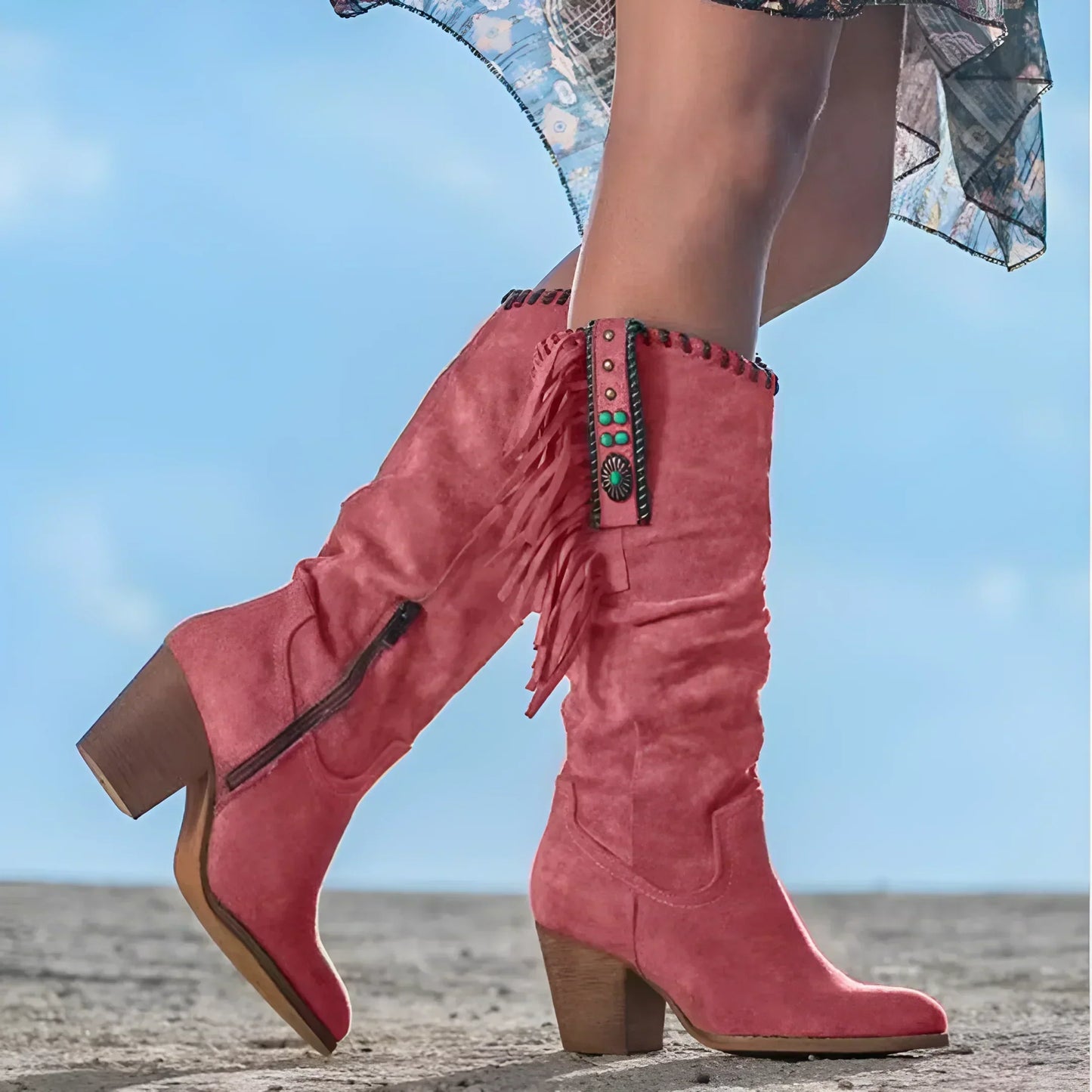 Damen Mid-Calf Stiefel – Luxury Fabric – Fransen – Blockabsatz – Boho Western Stil